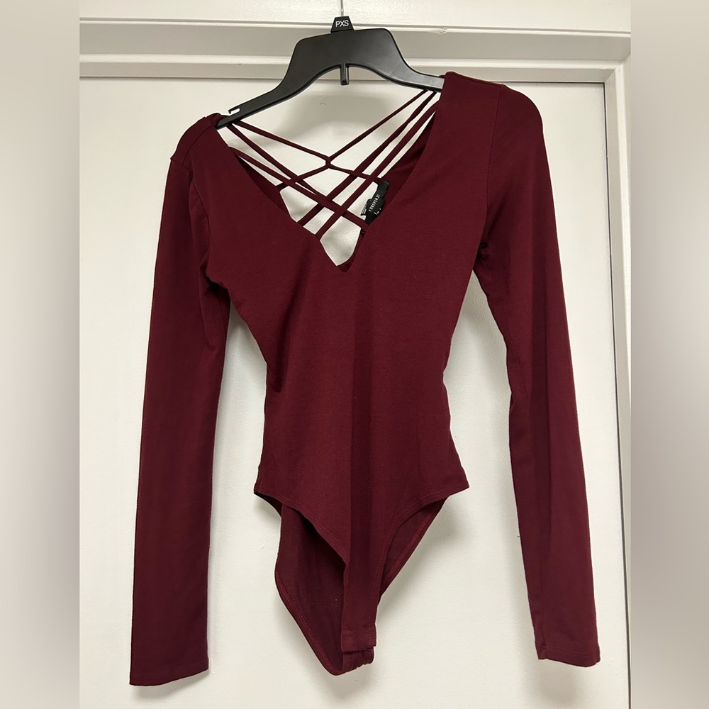Criss-cross dark red long-sleeve body suit, ballet core, Forever 21 small